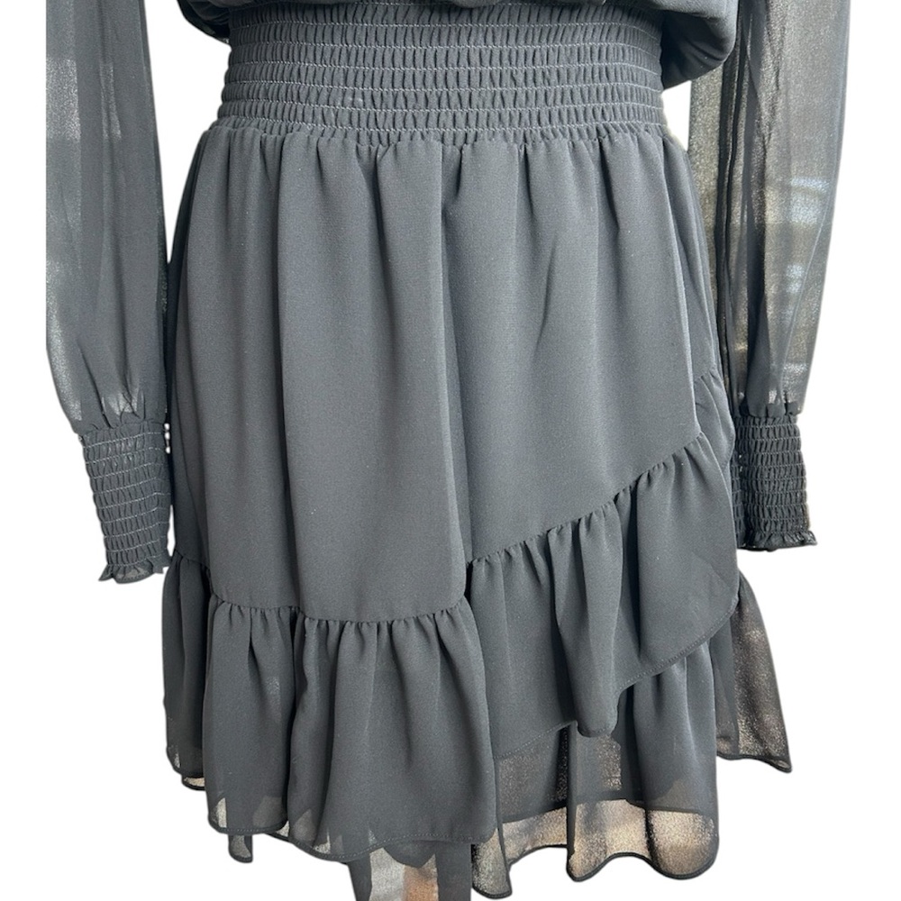 Michael Kors Black Sheer Dress Ruffle Hem Flowy V Neck Cinched Waist Size XS - Picture 6 of 6